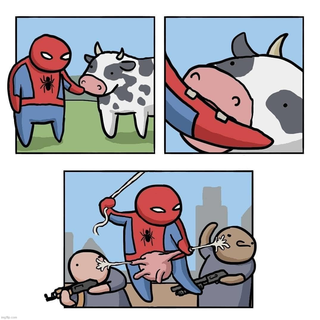 image tagged in spiderman,cow | made w/ Imgflip meme maker