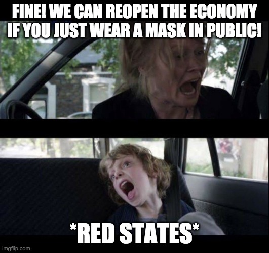 Babadook Scream no subtitles | FINE! WE CAN REOPEN THE ECONOMY IF YOU JUST WEAR A MASK IN PUBLIC! *RED STATES* | image tagged in babadook scream no subtitles | made w/ Imgflip meme maker