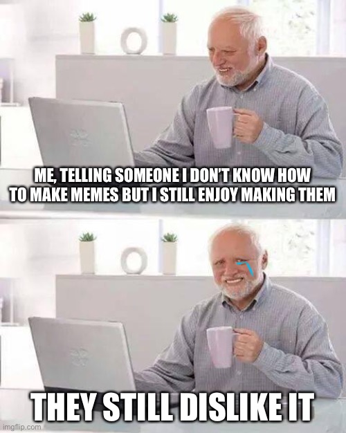 Sad meme | ME, TELLING SOMEONE I DON’T KNOW HOW TO MAKE MEMES BUT I STILL ENJOY MAKING THEM; THEY STILL DISLIKE IT | image tagged in memes,hide the pain harold | made w/ Imgflip meme maker