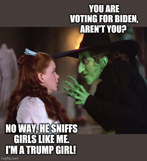 YOU ARE VOTING FOR BIDEN, AREN'T YOU? NO WAY, HE SNIFFS GIRLS LIKE ME. I'M A TRUMP GIRL! | made w/ Imgflip meme maker