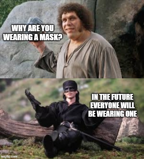 Westly predicts covid-19 | WHY ARE YOU WEARING A MASK? IN THE FUTURE EVERYONE WILL BE WEARING ONE | image tagged in covid-19,covid19,covid,princess bride,movie predictions,2020 | made w/ Imgflip meme maker