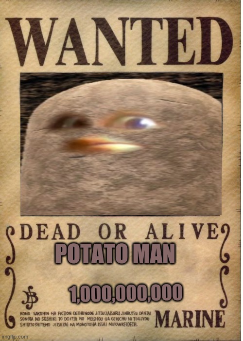 One piece wanted poster template | POTATO MAN; 1,000,000,000 | image tagged in one piece wanted poster template | made w/ Imgflip meme maker