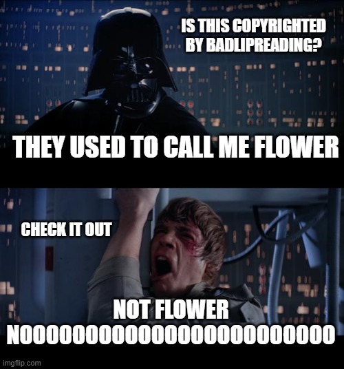 Star Wars No Meme | IS THIS COPYRIGHTED BY BADLIPREADING? THEY USED TO CALL ME FLOWER; CHECK IT OUT; NOT FLOWER NOOOOOOOOOOOOOOOOOOOOOOOO | image tagged in memes,star wars no | made w/ Imgflip meme maker