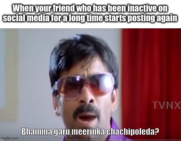 When your friend who has been inactive on social media for a long time starts posting again; Bhamma garu meerinka chachipoleda? | image tagged in funny | made w/ Imgflip meme maker