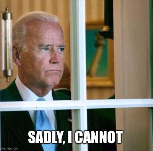 Sad Joe Biden | SADLY, I CANNOT | image tagged in sad joe biden | made w/ Imgflip meme maker