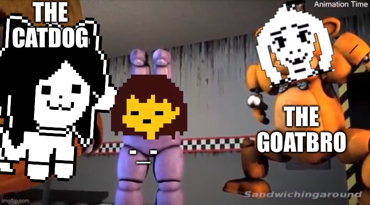 They will fight till death to proves... who’s the real cute character is | THE CATDOG; THE GOATBRO; -_- | image tagged in the cursed gang,memes,funny,frisk,temmie,asriel | made w/ Imgflip meme maker