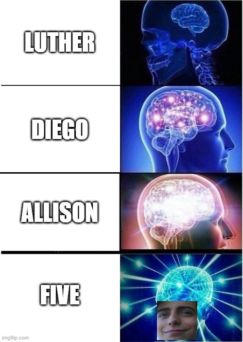 Expanding Brain Meme | LUTHER; DIEGO; ALLISON; FIVE | image tagged in memes,expanding brain,umbrella academy | made w/ Imgflip meme maker