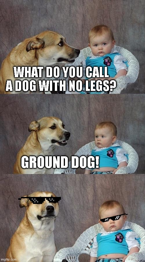a dad joke from a dog | WHAT DO YOU CALL A DOG WITH NO LEGS? GROUND DOG! | image tagged in memes,dad joke dog | made w/ Imgflip meme maker