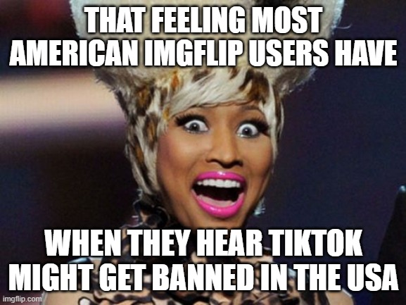 Almost Every Imgflip User Hates TikTok. Right? |  THAT FEELING MOST AMERICAN IMGFLIP USERS HAVE; WHEN THEY HEAR TIKTOK MIGHT GET BANNED IN THE USA | image tagged in memes,happy minaj,tiktok,imgflip,imgflip users,so true memes | made w/ Imgflip meme maker