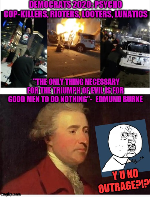 DEMOCRATS = BAD / VOTE THEM ALL OUT! | DEMOCRATS 2020: PSYCHO COP-KILLERS, RIOTERS, LOOTERS, LUNATICS; "THE ONLY THING NECESSARY FOR THE TRIUMPH OF EVIL IS FOR GOOD MEN TO DO NOTHING"-  EDMUND BURKE; Y U NO OUTRAGE?!?! | image tagged in sick  tired,democrat,demons,vote trump | made w/ Imgflip meme maker