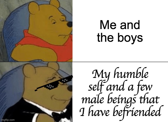 Shakespearean | Me and the boys; My humble self and a few male beings that I have befriended | image tagged in memes,tuxedo winnie the pooh | made w/ Imgflip meme maker