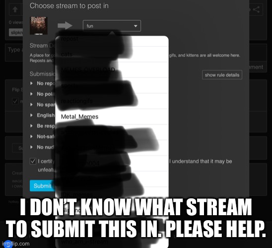 I DON’T KNOW WHAT STREAM TO SUBMIT THIS IN. PLEASE HELP. | made w/ Imgflip meme maker