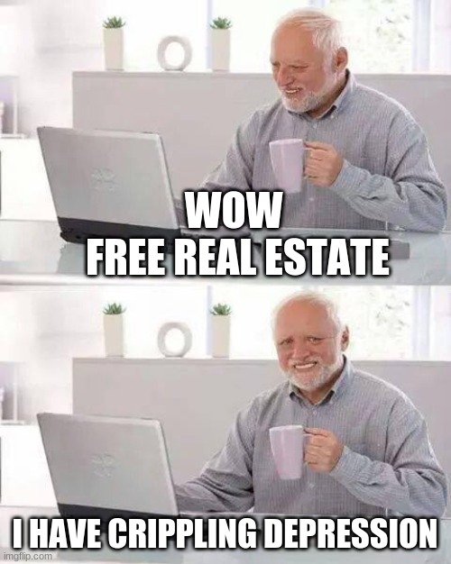 its free real estate | WOW 
FREE REAL ESTATE; I HAVE CRIPPLING DEPRESSION | image tagged in memes,hide the pain harold | made w/ Imgflip meme maker