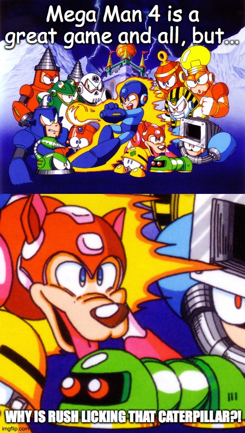 Mega Man 4 | Mega Man 4 is a great game and all, but... WHY IS RUSH LICKING THAT CATERPILLAR?! | image tagged in megaman | made w/ Imgflip meme maker