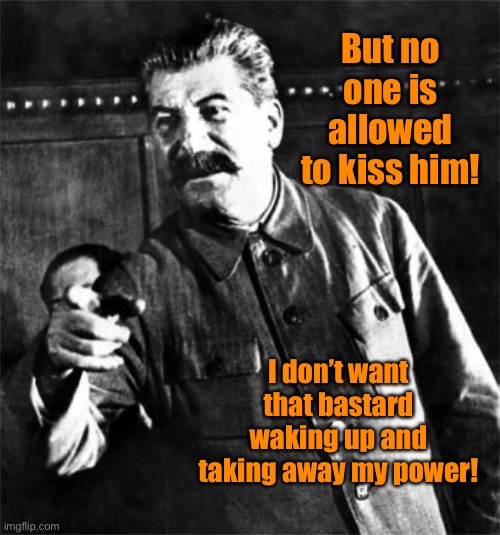 Stalin | I don’t want that bastard waking up and taking away my power! But no one is allowed to kiss him! | image tagged in stalin | made w/ Imgflip meme maker