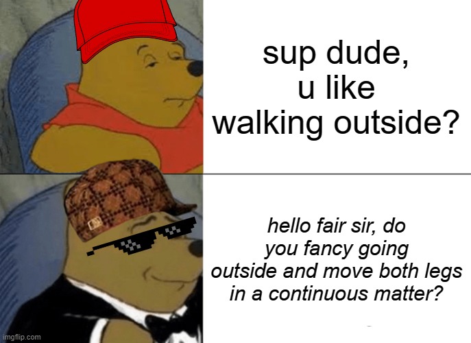 Tuxedo Winnie The Pooh | sup dude, u like walking outside? hello fair sir, do you fancy going outside and move both legs in a continuous matter? | image tagged in memes,tuxedo winnie the pooh | made w/ Imgflip meme maker