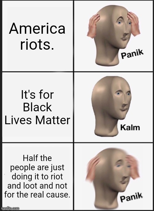 Its true. | America riots. It's for Black Lives Matter; Half the people are just doing it to riot and loot and not for the real cause. | image tagged in memes,panik kalm panik,blm,riot,looting,human stupidity | made w/ Imgflip meme maker
