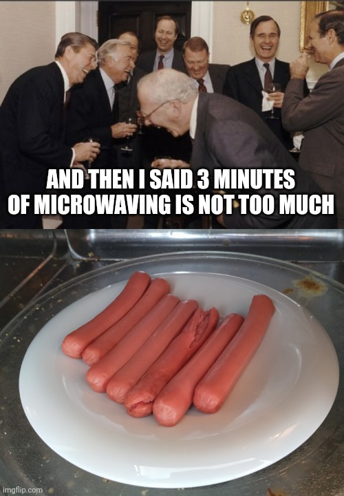 Sausage challenge | AND THEN I SAID 3 MINUTES OF MICROWAVING IS NOT TOO MUCH | image tagged in memes,laughing men in suits,funny,funny memes | made w/ Imgflip meme maker