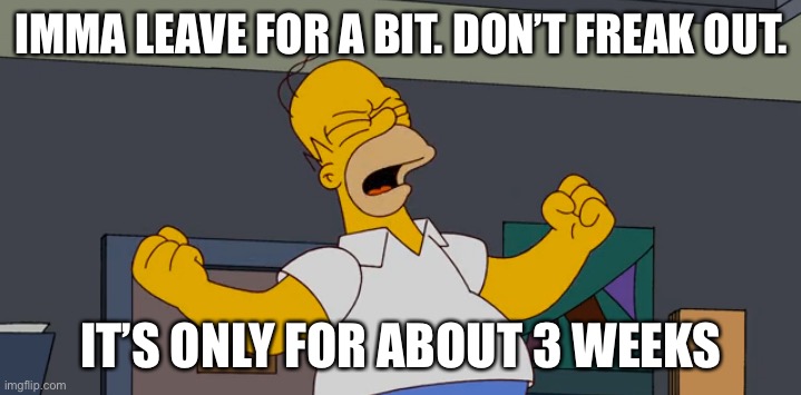 Angry homer | IMMA LEAVE FOR A BIT. DON’T FREAK OUT. IT’S ONLY FOR ABOUT 3 WEEKS | image tagged in angry homer | made w/ Imgflip meme maker