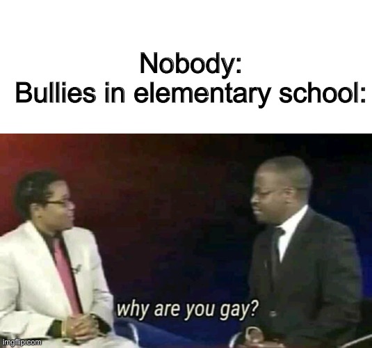 Nobody:
Bullies in elementary school: | image tagged in blank white template,why are you gay,memes | made w/ Imgflip meme maker