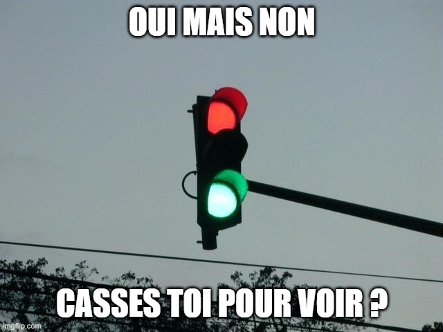 red and green lights on | OUI MAIS NON; CASSES TOI POUR VOIR ? | image tagged in red and green lights on | made w/ Imgflip meme maker
