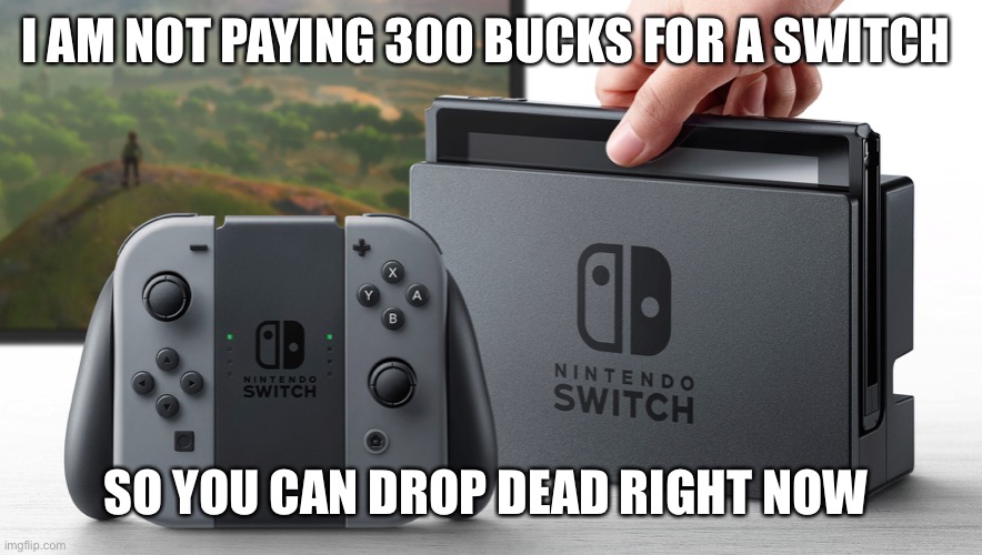 Nintendo Switch | I AM NOT PAYING 300 BUCKS FOR A SWITCH; SO YOU CAN DROP DEAD RIGHT NOW | image tagged in nintendo switch | made w/ Imgflip meme maker
