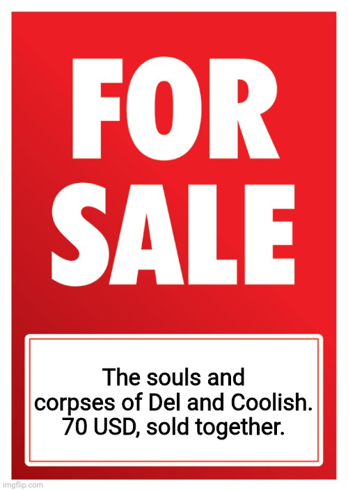 FOR SALE | The souls and corpses of Del and Coolish. 70 USD, sold together. | image tagged in for sale | made w/ Imgflip meme maker