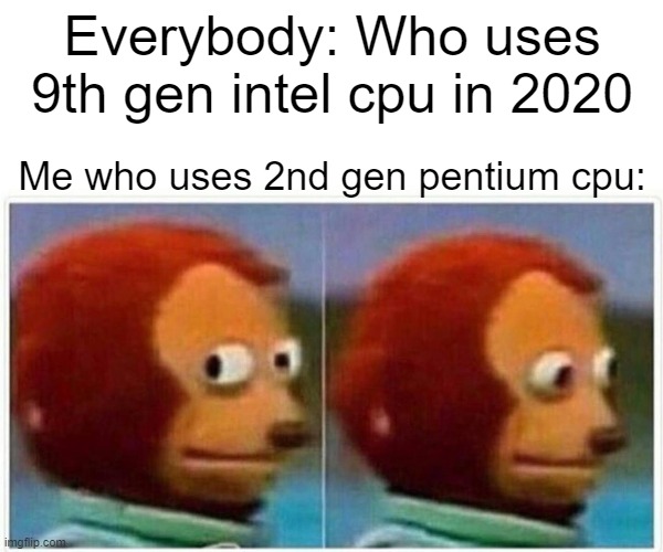 Monkey Puppet Meme | Everybody: Who uses 9th gen intel cpu in 2020; Me who uses 2nd gen pentium cpu: | image tagged in memes,monkey puppet | made w/ Imgflip meme maker