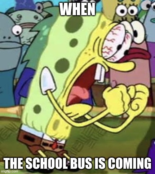 yelling spongebob | WHEN; THE SCHOOL BUS IS COMING | image tagged in yelling spongebob | made w/ Imgflip meme maker