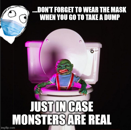 Be smart, be safe while taking a dump |  ....DON'T FORGET TO WEAR THE MASK 
WHEN YOU GO TO TAKE A DUMP; JUST IN CASE MONSTERS ARE REAL | image tagged in coronavirus,coronahoax,covidiots,covid19,scamdemic,plandemic | made w/ Imgflip meme maker