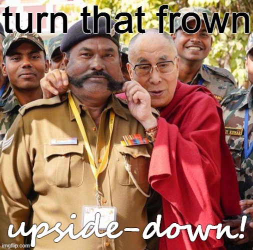 His Holiness the Dalai Lama says: Spread peace in your own way! | turn that frown; upside-down! | image tagged in dalai-lama,dalai lama,peace,frown,smile,lol | made w/ Imgflip meme maker