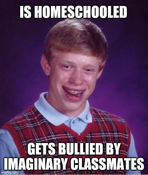 Bad Luck Brian | IS HOMESCHOOLED; GETS BULLIED BY IMAGINARY CLASSMATES | image tagged in memes,bad luck brian | made w/ Imgflip meme maker