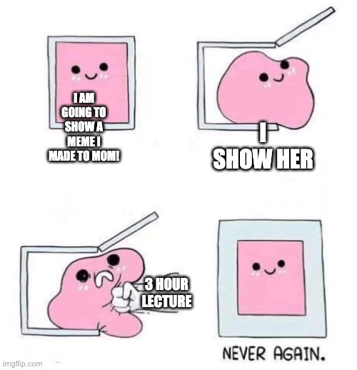 Never again | I AM GOING TO SHOW A MEME I MADE TO MOM! I SHOW HER; 3 HOUR LECTURE | image tagged in never again,meme,mom | made w/ Imgflip meme maker