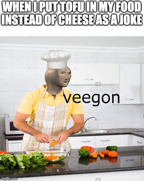 No ChEeSe PlEaSe | WHEN I PUT TOFU IN MY FOOD INSTEAD OF CHEESE AS A JOKE | image tagged in veegon meme man | made w/ Imgflip meme maker