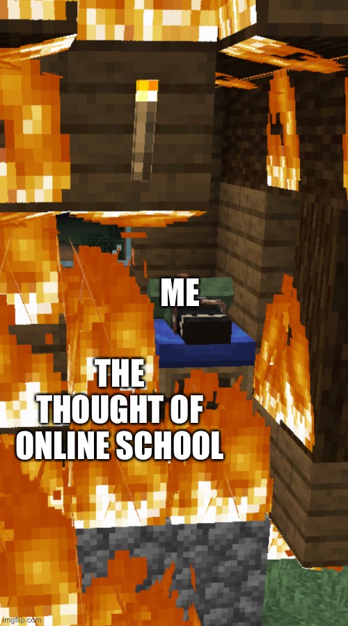 AAAAA- | ME; THE THOUGHT OF ONLINE SCHOOL | image tagged in villager sleeping as his house burns,online school | made w/ Imgflip meme maker