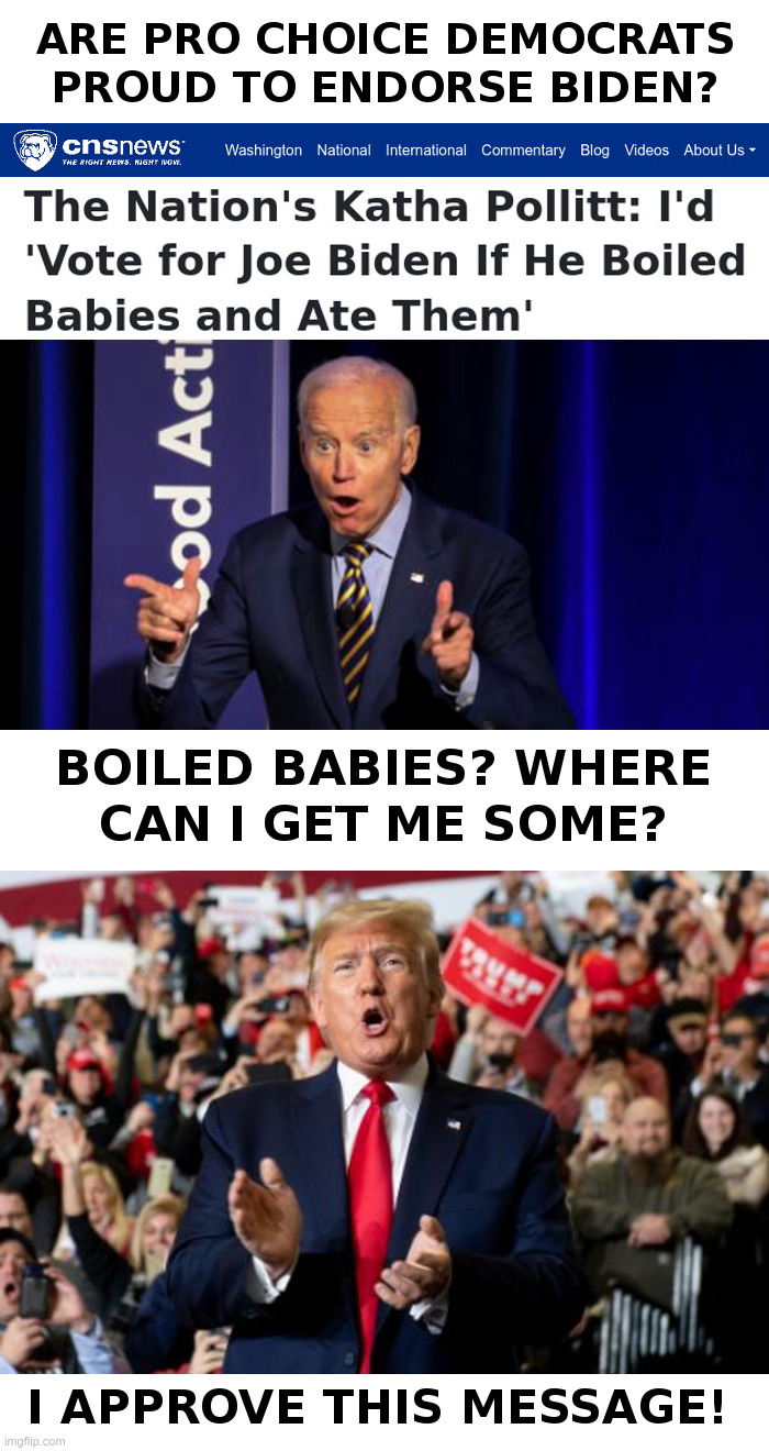 Are Pro Choice Democrats Proud To Endorse Biden? | image tagged in democrats,joe biden,eating,babies,donald trump,donald trump approves | made w/ Imgflip meme maker