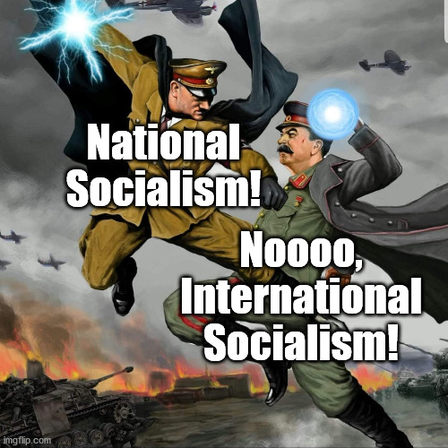 Socialist figtht | National Socialism! Noooo, International Socialism! | image tagged in hitler vs stalin,socialist,socialists,fight,democrats | made w/ Imgflip meme maker
