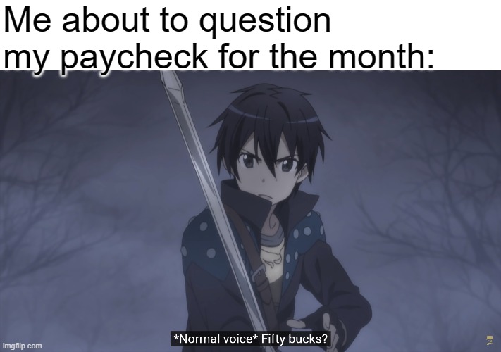 SAO Abridged Meme | Me about to question my paycheck for the month: | image tagged in memes | made w/ Imgflip meme maker