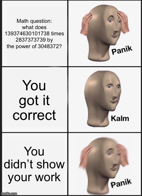 I don’t like when I have to show my work | Math question: what does 139374630101738 times 2837373739 by the power of 3048372? You got it correct; You didn’t show your work | image tagged in memes,panik kalm panik | made w/ Imgflip meme maker