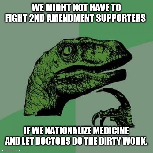 Float like a Californian , Sting like a Texan | WE MIGHT NOT HAVE TO FIGHT 2ND AMENDMENT SUPPORTERS; IF WE NATIONALIZE MEDICINE AND LET DOCTORS DO THE DIRTY WORK. | image tagged in memes,philosoraptor | made w/ Imgflip meme maker
