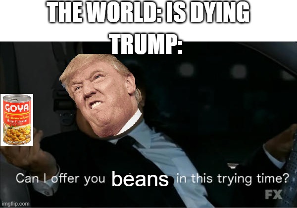 Really, Donald | THE WORLD: IS DYING; TRUMP:; beans | image tagged in donald trump | made w/ Imgflip meme maker