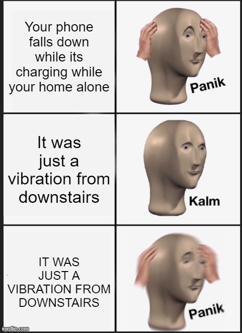 oh no (again) | Your phone falls down while its charging while your home alone; It was just a vibration from downstairs; IT WAS JUST A VIBRATION FROM DOWNSTAIRS | image tagged in memes,panik kalm panik | made w/ Imgflip meme maker