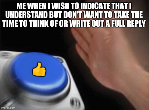 Blank Nut Button | ME WHEN I WISH TO INDICATE THAT I UNDERSTAND BUT DON'T WANT TO TAKE THE TIME TO THINK OF OR WRITE OUT A FULL REPLY; 👍 | image tagged in memes,blank nut button | made w/ Imgflip meme maker