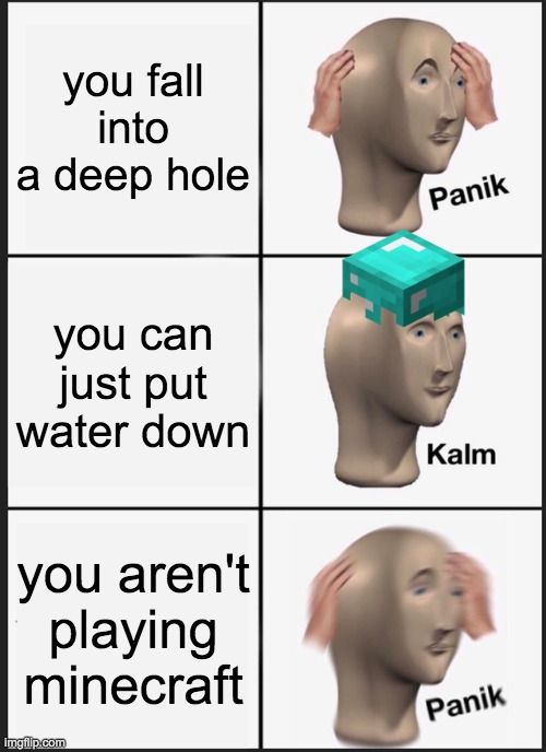 Panik Kalm Panik Meme | you fall into a deep hole; you can just put water down; you aren't playing minecraft | image tagged in memes,panik kalm panik,minecraft | made w/ Imgflip meme maker