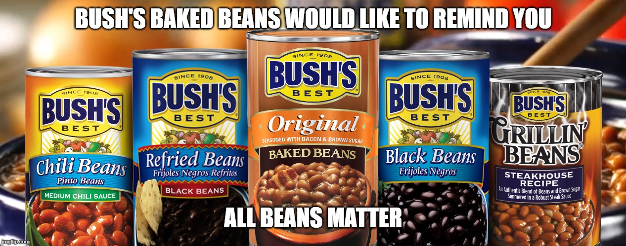 all beans matter | BUSH'S BAKED BEANS WOULD LIKE TO REMIND YOU; ALL BEANS MATTER | image tagged in beans,donald trump | made w/ Imgflip meme maker