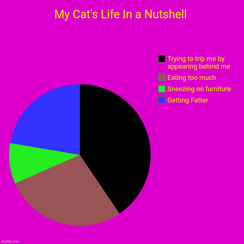 A Cat Life | My Cat's Life In a Nutshell | Getting Fatter, Sneezing on furniture, Eating too much, Trying to trip me by appearing behind me | image tagged in charts,pie charts,cats,sneezing,tripping | made w/ Imgflip chart maker