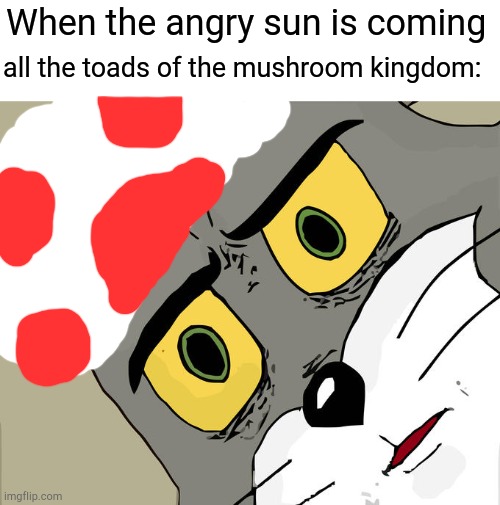 Unsettled Toad | When the angry sun is coming; all the toads of the mushroom kingdom: | image tagged in memes,unsettled tom,tom and jerry | made w/ Imgflip meme maker