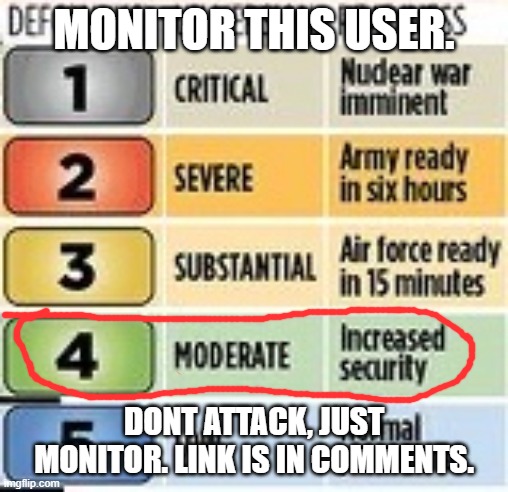 I REPEAT, DO NOT ATTACK. | MONITOR THIS USER. DONT ATTACK, JUST MONITOR. LINK IS IN COMMENTS. | image tagged in defcon | made w/ Imgflip meme maker