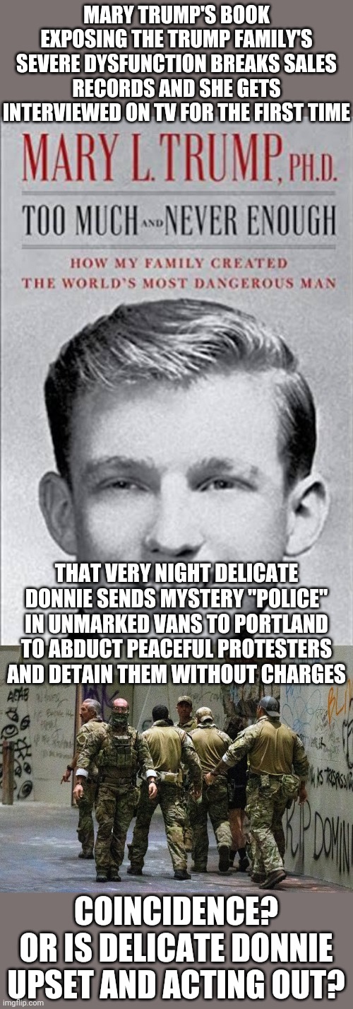 MARY TRUMP'S BOOK EXPOSING THE TRUMP FAMILY'S SEVERE DYSFUNCTION BREAKS SALES RECORDS AND SHE GETS INTERVIEWED ON TV FOR THE FIRST TIME; THAT VERY NIGHT DELICATE DONNIE SENDS MYSTERY "POLICE" IN UNMARKED VANS TO PORTLAND TO ABDUCT PEACEFUL PROTESTERS AND DETAIN THEM WITHOUT CHARGES; COINCIDENCE?
OR IS DELICATE DONNIE UPSET AND ACTING OUT? | image tagged in mary trump | made w/ Imgflip meme maker