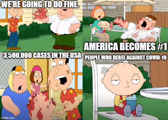 Backfired | WE'RE GOING TO DO FINE. AMERICA BECOMES #1; 3,500,000 CASES IN THE USA; PEOPLE WHO REBEL AGAINST COVID-19 | image tagged in backfired,family guy,peter griffin,coronavirus,covid-19,2020 | made w/ Imgflip meme maker